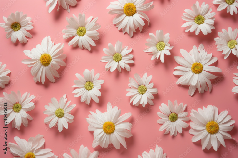 Top view white daisy flowers on pink background, Flat lay minimal Top view white daisy flowers on pink background, Flat lay minimal
