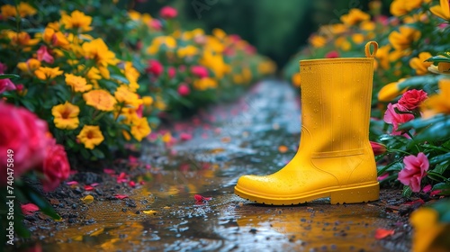 Yellow, bathed boots on a stone path between abuzz flowering shrubs and space, Generative AI.