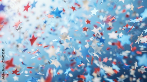 Closeup of glitter stars confetti in USA flag colors. Template for national holidays background.