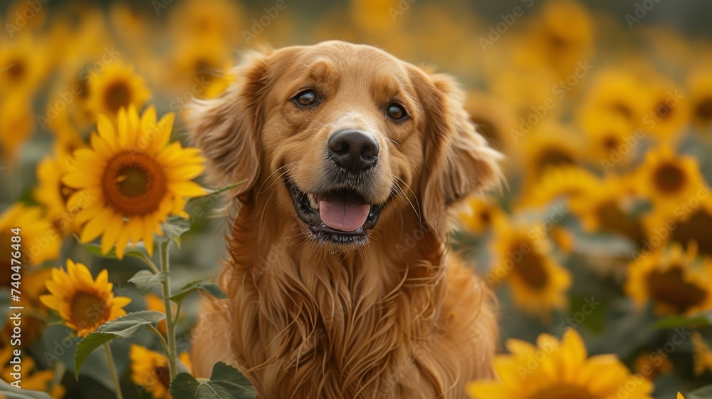 Cute dog on flower filed background at sunset time. Cute dog on flower filed background at sunset time.