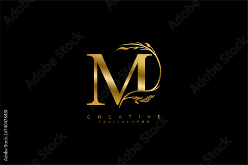 luxury gold letter M logo design with beautiful flower and leaf ornaments. monogram M, logo typography. initials M. typography. for business logos, boutiques, companies, beauty, etc