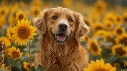 Cute dog on flower filed background at sunset time.