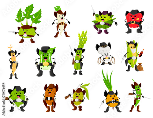 Cartoon wild west western cowboy, ranger, sheriff and robbers vegetable characters. Vector kohlrabi, daikon, soy and asparagus. Bell pepper, artichoke, olive and green pea with potato, onion and corn