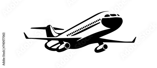 A clipart with a black silhouette of an airplane on the side, highlighted on a white background. Flat shape in the stencil style. Simple vector image