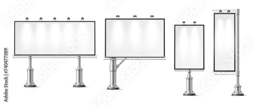 Outdoor billboard, street media panels isolated 3d vector mockups, showcasing advertising or design concepts on large-scale illuminated displays for realistic presentation and evaluation purposes