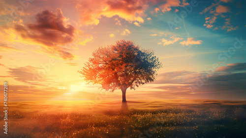A lone tree standing in a lush green field against a backdrop of a stunning  colorful sunset sky. 