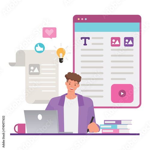 Web blog illustration concept. Office man working on laptop to create website. Business people character vector design. 