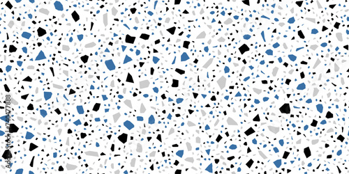 Terrazzo ceramic tile pattern of black, blue and grey marble stone mosaic, vector background. Terazzo or terrazo floor texture with broken marble stones and ceramic pieces in abstract geometric shapes