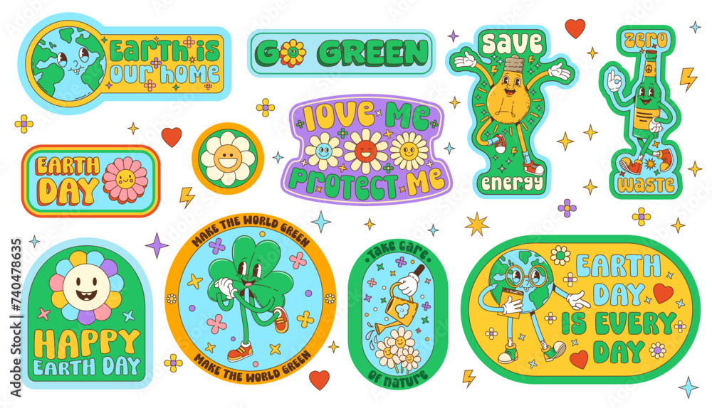 Environment groovy stickers with retro cartoon characters. Patches set with playful earth planet, light bulb, glass bottle, daisy flowers. Eco-friendly save nature decals with nostalgic positive vibes