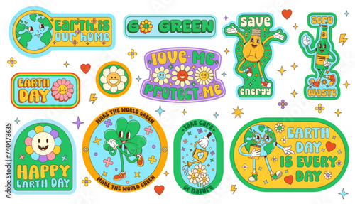 Environment groovy stickers with retro cartoon characters. Patches set with playful earth planet, light bulb, glass bottle, daisy flowers. Eco-friendly save nature decals with nostalgic positive vibes