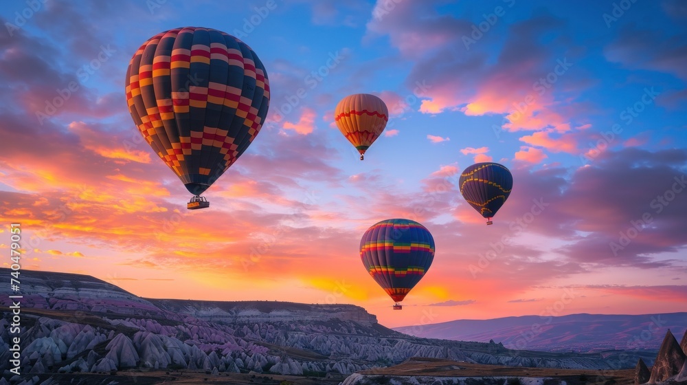 Naklejka premium Colorful hot air balloons flying over mountain