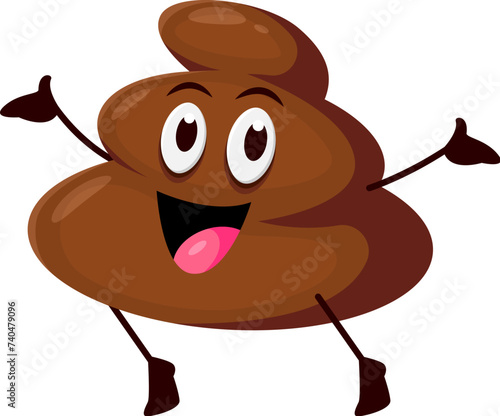 Funny poo excrement, cartoon poop emoji character with happy smile. Excited toilet shit or crap pile vector emoticon. Stinky brown poop showing ta-da hand gesture, cheerful emotion poo emoji