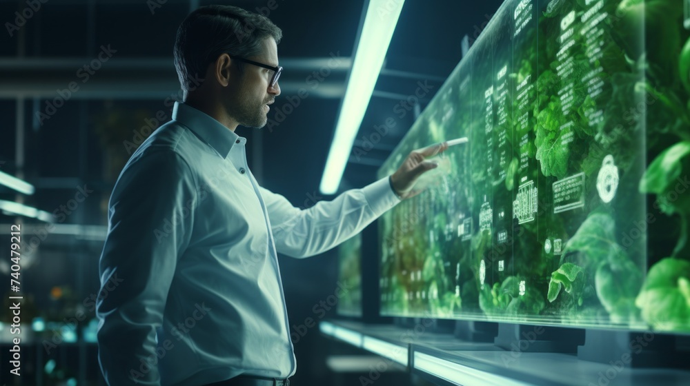 Fototapeta premium A professional bioengineer studies crops on a modern digital screen in a biotechnology laboratory. Growing organic eco-friendly food in a greenhouse.
