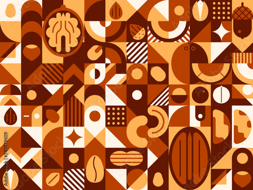 Nut and grain abstract geometric pattern. Vector background features walnut, acorn and pecan, almond, cashew, pistachio or hazelnut with coffee seeds. Contemporary minimalistic design in brown colors