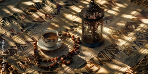 Traditional lantern, fruit dates, rosary beads and cup of Arabic coffee on small straw mat with arabesque shadow effect - generative ai