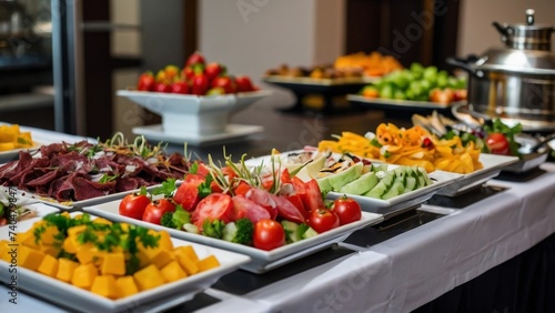 Group catering buffet food indoor in restaurant with steak meat colorful salad  healthy fresh fruits and vegetables. Hotel event wedding breakfast dinner lunch banquet