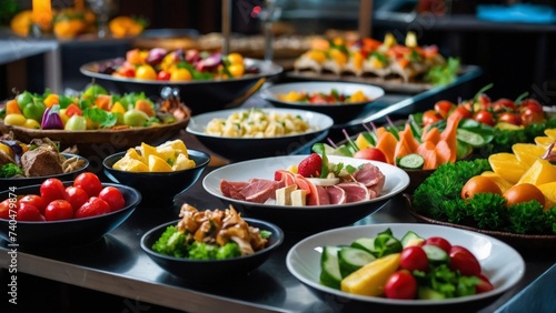 Group catering buffet food indoor in restaurant with steak meat colorful salad, healthy fresh fruits and vegetables. Hotel event wedding breakfast dinner lunch banquet
