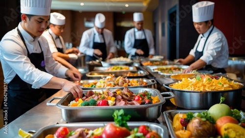 Group catering buffet food indoor in restaurant with steak meat colorful salad  healthy fresh fruits and vegetables. Hotel event wedding breakfast dinner lunch banquet