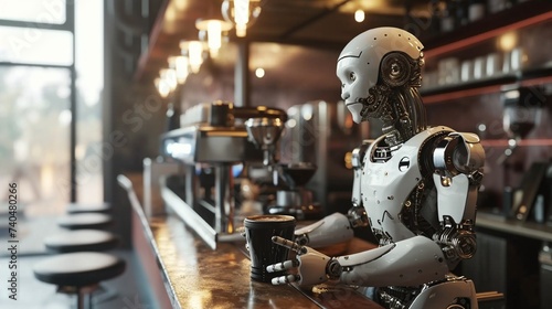 A robot barista serving coffee in a modern caf?(C). photo