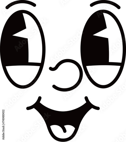Cartoon face, comic groovie emotion character with big eyes and mouth, vector emoticon. Funny groovy face emoji with happy smiling mouth or pleased and silly expression in retro cartoon animation