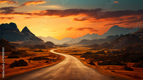 Road illustration, long road passing, nature banner background © ma