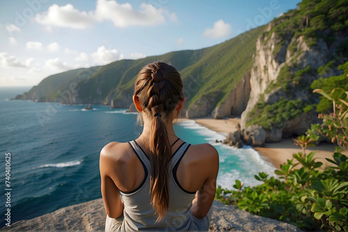 Young Woman Back to the Camera Relaxing After Yoga on a Cliff by the Sea Pleasant Sunny Day