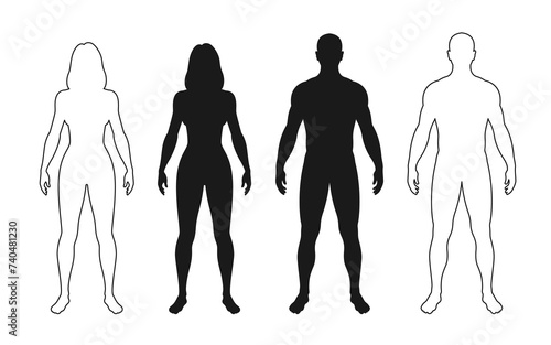 Front human body silhouette, man and woman figure. Isolated vector monochrome male and female person outline contours, standing full height. Bare and naked slim healthy people anatomy representation