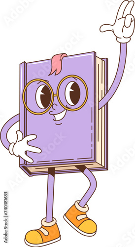Cartoon retro book groovy character. Isolated vector textbook personage in 60s or 70s funky party style, donning glasses, cheerfully dancing and flashing wide welcoming smile. Back to school education