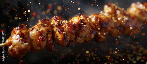 A close up of a chicken skewer on a stick, with billowing smoke, ready to be enjoyed as a delicious dish or appetizer at a culinary event photo