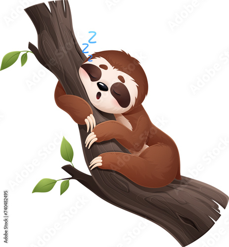 Cartoon lazy sloth animal character sleeps on tree. Isolated vector cute tropical personage peacefully slumbers or naps with tranquil expression, capturing the essence of its slow and easygoing nature