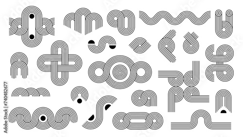 Geometric zen arch patterns, line figures and stroke shapes. Isolated vector vintage nordic linear waves, circles and crosses. Balance, abstract, monochrome elements. Aesthetic outline geometry shapes