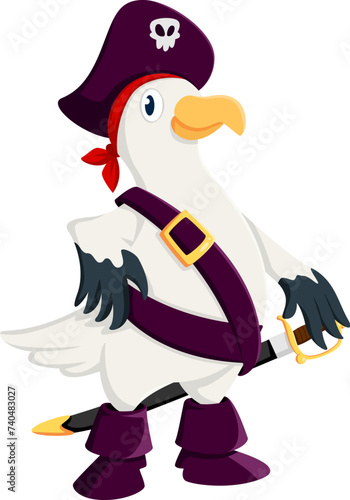 Cartoon seagull pirate corsair animal character. Isolated vector gull bird filibuster or rover personage donning a classic tricorn hat with skull, bandana and boots with cutlass hangs on its belt