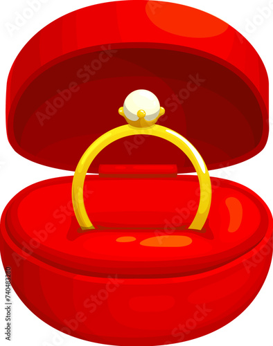 Cartoon wedding ring in gift box, vector jewelry, marriage and engagement ceremony present. Gold ring with diamond laying on pillow in red case. Bride wedding band with precious stone, Valentines gift