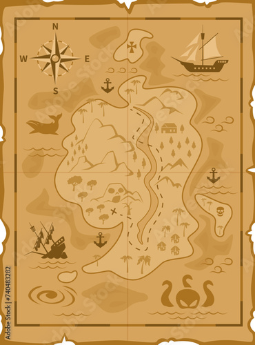 Cartoon pirate treasures map. Vector worn fantasy vintage parchment with sea, land, Caribbean islands, monster, compass wind rose and sail ships. Isolated old, antique, medieval paper adventure map