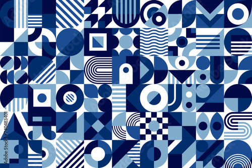 Abstract sea blue, white and azure geometric pattern vector background. Color squares, circles and triangles shapes mosaic composition of modern art, minimalist graphic background trendy tile