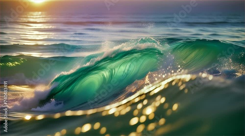 Water waves reflect the soothing sunset light on the ocean surface. photo