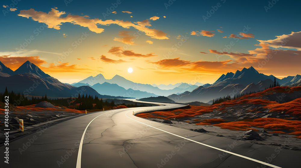 Road illustration, long road passing, nature banner background