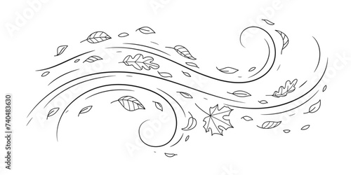 Doodle air wind and flying autumn leaves in hurricane blow or windy storm, line vector. Cartoon autumn wind with oak and maple leaf of fall season in blowing motion with spiral windy twirls photo