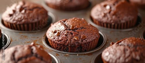 A batch of delectable chocolate muffins is arranged in a muffin tin, ready to be enjoyed as a delightful finger food treat