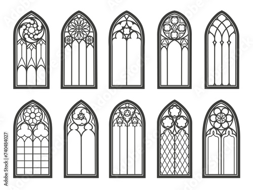 Medieval gothic church glass windows and castle arches of cathedral, vector architecture. Vintage gothic windows with stained glass pattern in arch or antique temple and Renaissance church windows