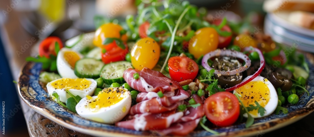 A dish featuring a mix of leafy greens, hard boiled eggs, tomatoes, cucumbers, and ham served on a plate as a colorful and nutritious salad