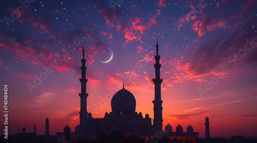 Silhouette of Mosque with crescent moon and star  perfect for ramadan