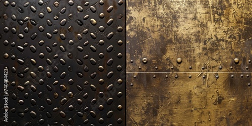 Divided into Two Halves Left Side is Dark Industrial Diamond Plate Pattern Heavy Duty Application, Right Side Textured Gold Surface with Visible Aged Patina created with Generative AI Technology photo