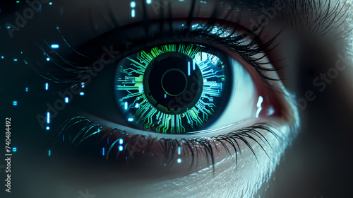 Human eye close-up, future digital eye data network and network security technology background