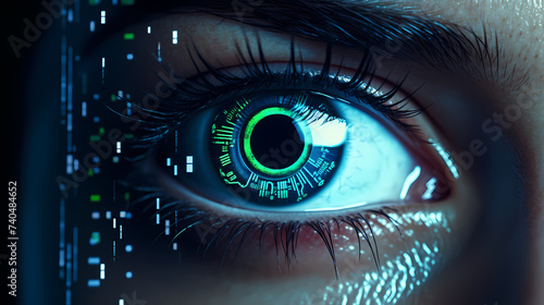 Human eye close-up, future digital eye data network and network security technology background