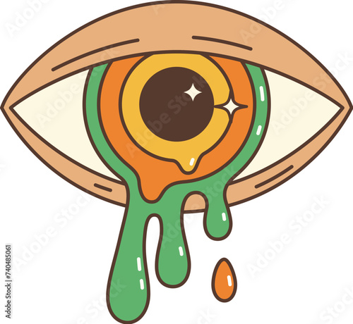 Cartoon retro groovy hippie eye with melting colorful psychedelic retina. Vector trippy, rave weed, lsd, cannabis, marijuana, acid groove and drug element with flowing or liquid pupil and open eyelid