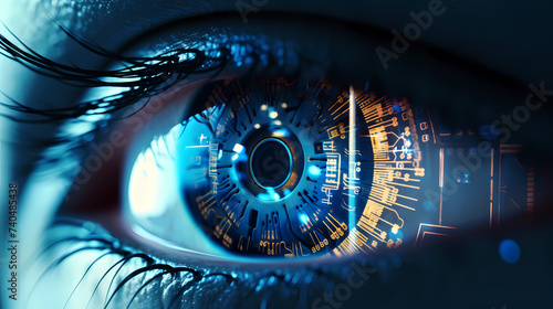 Close-up of human eye with advanced cybernetic enhancements, symbolizing future vision technology