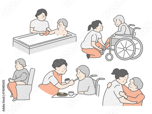 介護施設　介護現場　イラストセット（入浴　食事　排泄）