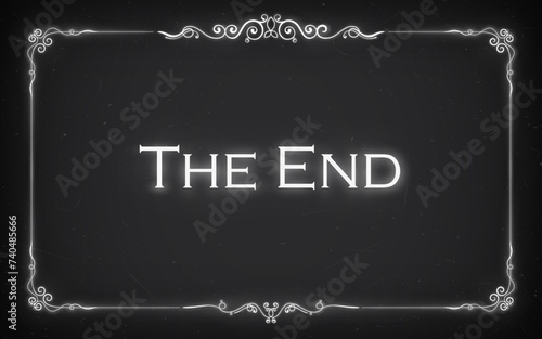Cinema film end, silent movie screen with retro border. Vector vintage conclusion of the Hollywood movie narrative, features white glowing words the end centered in elegant script on black background