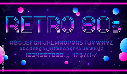 Disco music font, retro dj type, 80s typeface, English alphabet. Vintage vector neon glowing fluorescent abc letters, digits and signs with purple gradient and three stripes with sparks in 1980s style